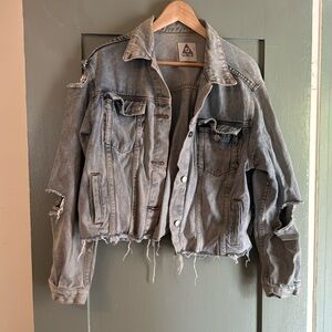 UNIF Cropped Denim Jacket Distressed Raw Hem Grunge Y2K Large